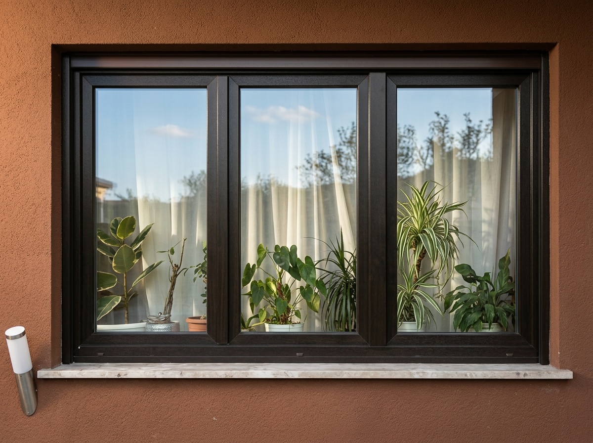 Трёхстворчатое тёмное окно ПВХ