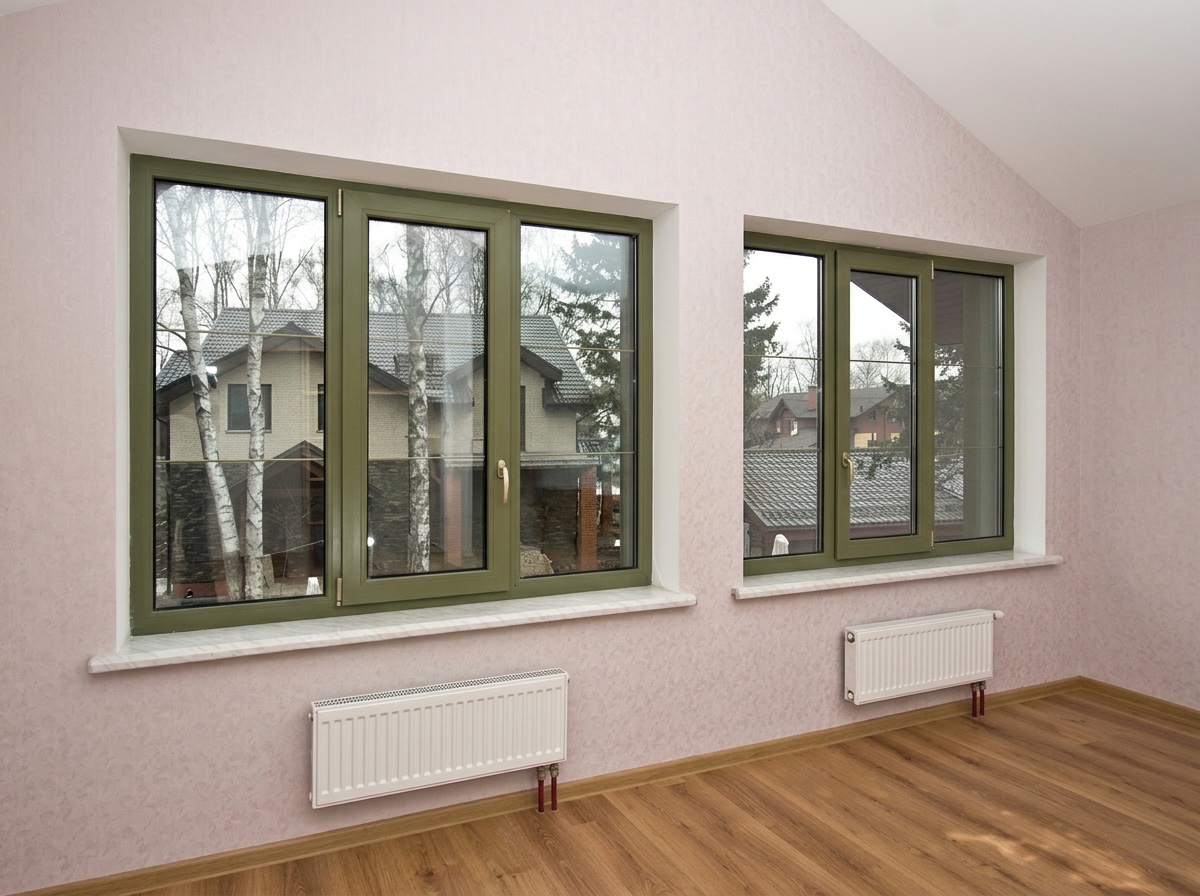 Зелёные окна ПВХ в комнате