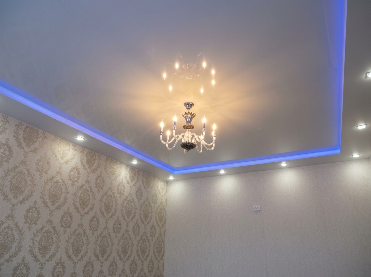 Дизайнерский потолок с люстрой