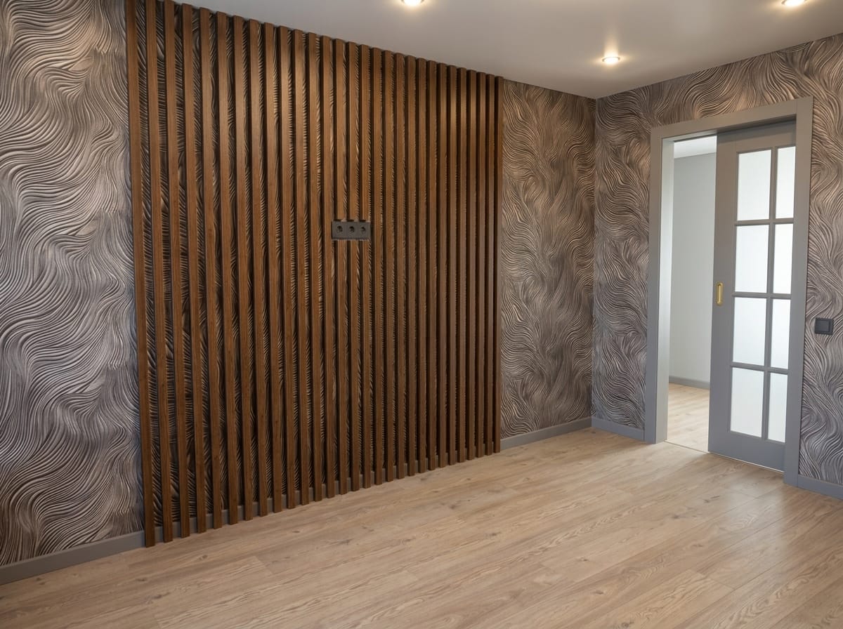 Комната с деревянными панелями и ламинатом